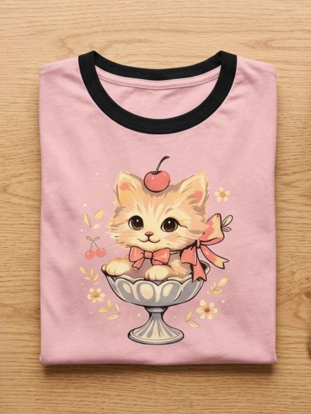 Studio 33 Women’s Pink Kitten Sundae Graphic Ringer T-Shirt Short Sleeve S-XL